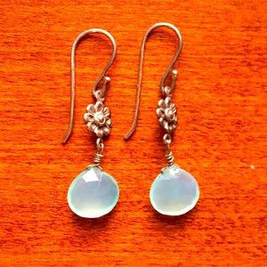 Silver flower with blue bead earrings